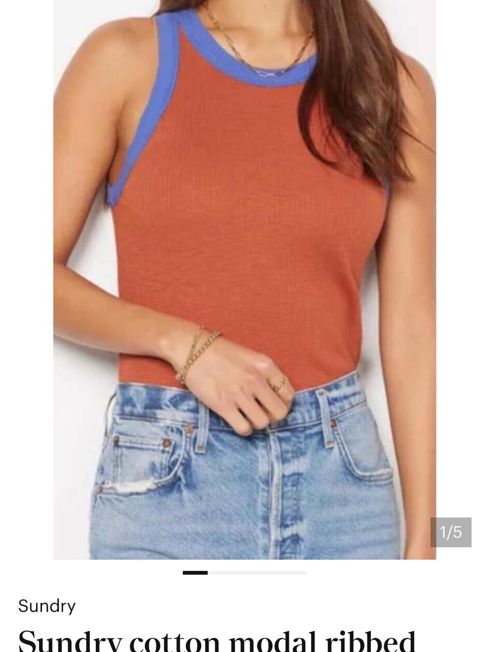 Sundry Rust Ribbed Tank with Blue Trim Accents